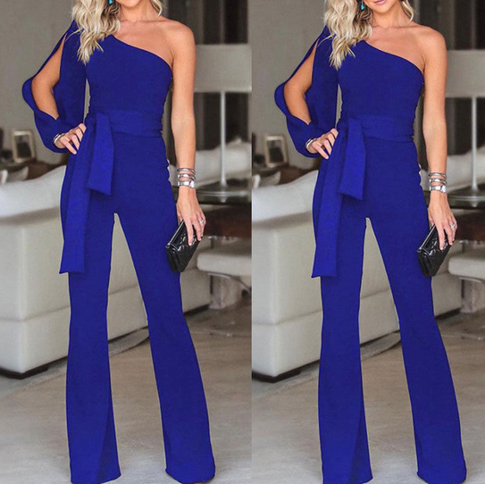 Zenny long flared and one-shoulder jumpsuit