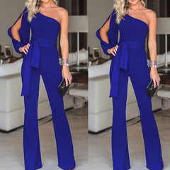 Zenny long flared and one-shoulder jumpsuit