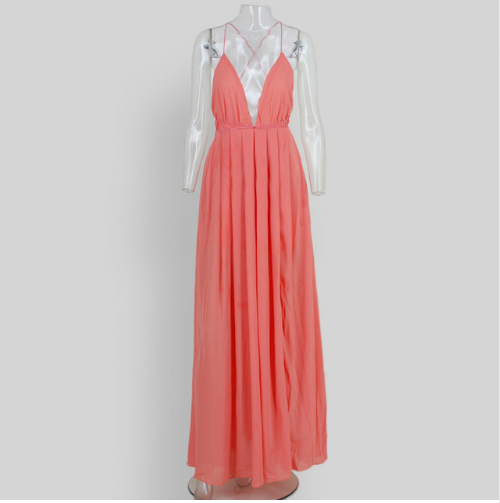 Rose Shimmer long dress with maxi neckline and slit