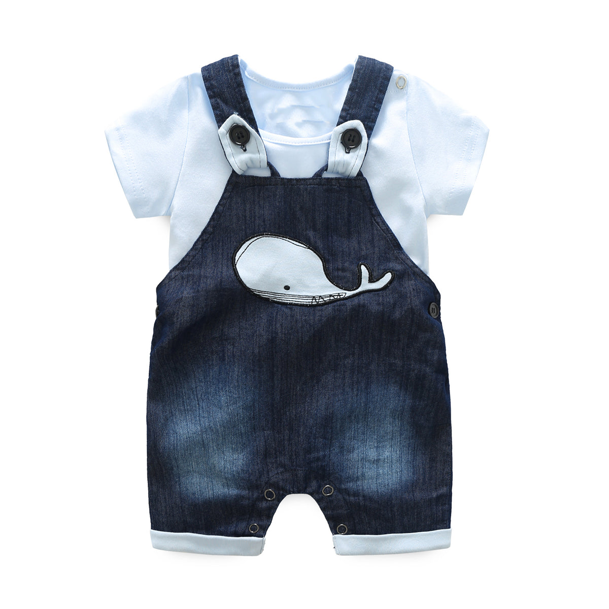 Boy's Sea Blue denim overalls and short-sleeved body suit