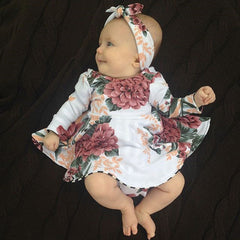 Completo Flower Baby Girl vestito e fascia per capelli stampa a fiori
