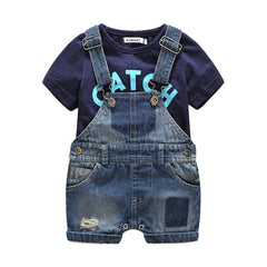 Angy boy outfit with denim overalls and short-sleeved shirt