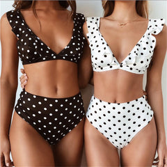 Bikini a pois bianco e nero con frappe e slip a vita alta - @ShopLowCost