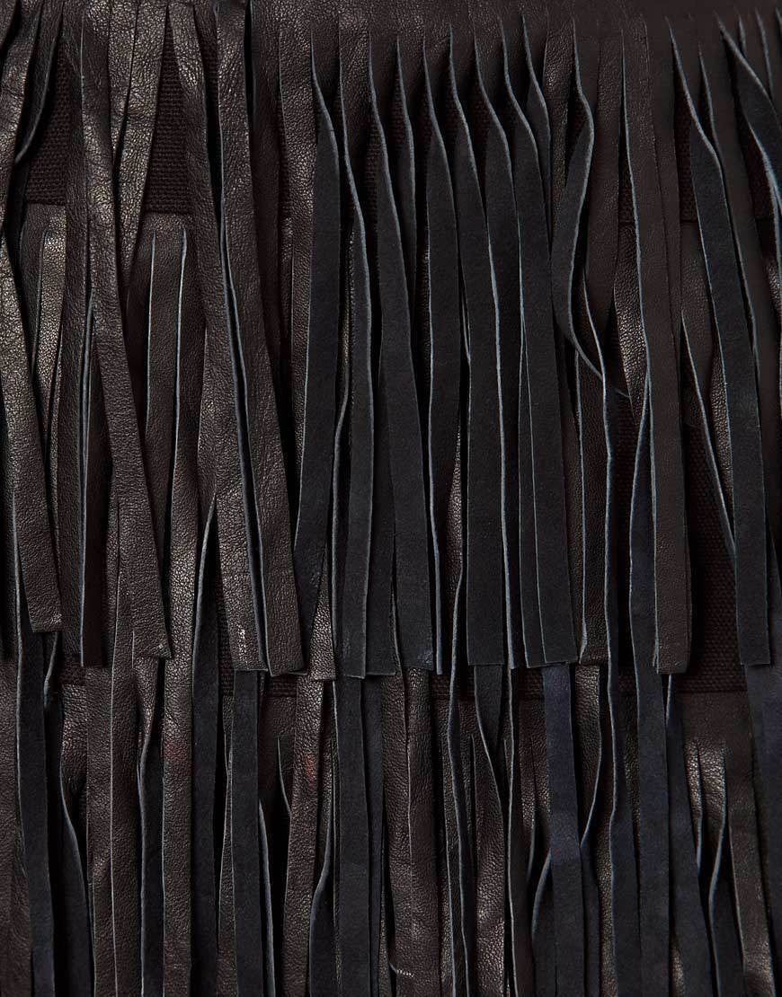 High-waisted eco-leather miniskirt with multi-fringed fringes