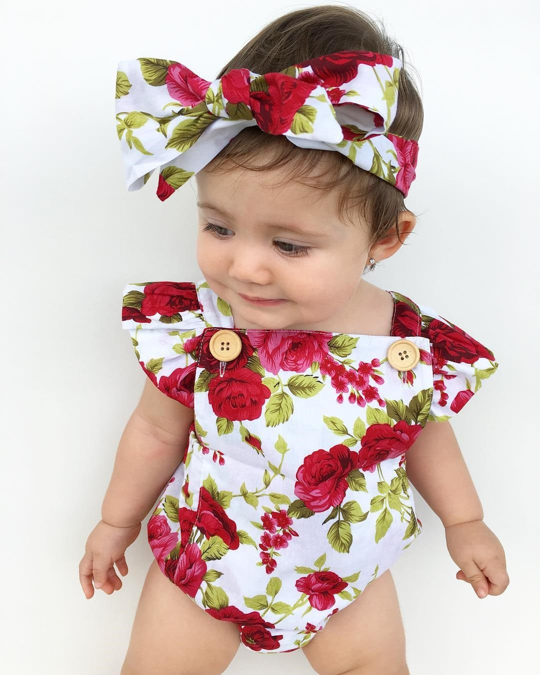 Happy floral baby girl outfit and hair bow headband