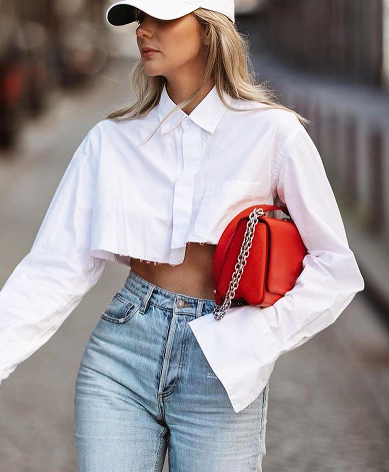 Cropped shirt top with long sleeves