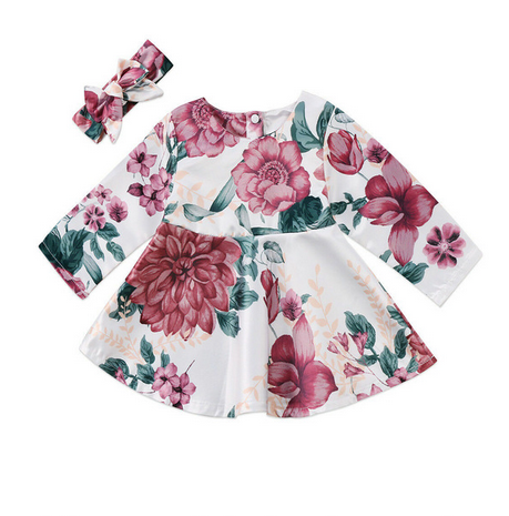 Completo Flower Baby Girl vestito e fascia per capelli stampa a fiori